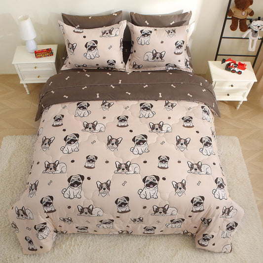 Kids Comforter Set 7 Piece Bedding Cute Dog Cartoon Animal Bed Microfiber Comforter Twin Size All Season (1 Comforter, 1 Flat Sheet, 1 Fitted Sheet, 4 Pillowcase)