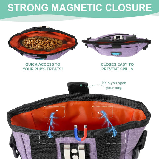 Dog Treat Pouch Magnetic Closure with Training Clicker,Hands-Free Design to Prevent Spills,Built in Poop Bag Dispenser,3 Ways To Wear,Metal Clip Waist Belt and Fanny Pack for Pet Walking(Purple)