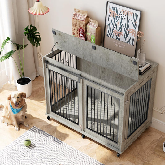 IchbinGo Large Dog Crate Furniture, 47" Wooden Dog Kennel with Sliding Barn Door, Flip-Top Lid & Wheels, Indoor Pet Crate Table with Detachable Divider for Small/Medium/Large Dogs (Rustic Grey)