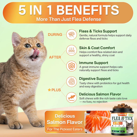 4-in-1 Flea Treatment for Cats Chewable, Natural Cat Flea and Tick Prevention Chewable Supplement for Skin & Coat | Immunity Support | Digestive | Flea & Tick Treatment for All Breeds & Sizes