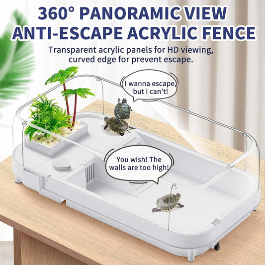 Large Turtle Tank with Water Pump, Acrylic Turtle Tank Starter Kit with Heightened and Curved Fences, Multi-Function Areas, Bottom Drainage