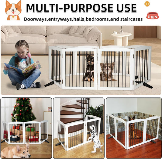 ZJSF Freestanding Panel Dog Gate for Indoor, Doorways,Stairs, or Hallways,Foldable Wooden White Pet Gates for House,Pet Gate for Dogs,Dog Fence, Puppy Gate,Support Feet Included,24 "Height-3 Panels