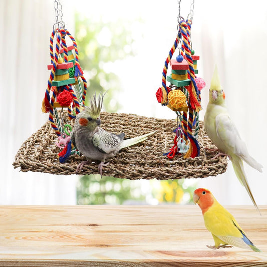 Large Bird Swing Toys, Colorful Parrot Seagrass Mat Hammock with Blocks, Bird Foraging Toy, Bird Cage Accessories, Suitable for Small to Medium Birds Parakeets Lovebirds Cockatiels 15.7 Γ 11.8 Inches