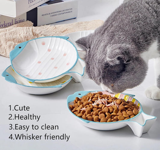 Double Whisker Friendly Ceramic Cat Food Dishes, Cute Shallow Anti Whisker Fatigue Wide Cat Bowl for Indoor Cats, Whisker Relief Flat Cat Plates for Wet Food, Small Pet Kitten Feeding Dish