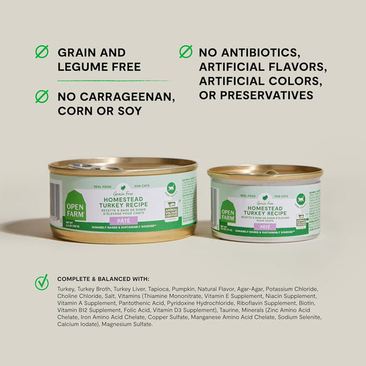 Open Farm Canned Cat Food, Paté for Complete & Balanced Nutrition, Grain-Free and Legume-Free Wet Cat Food, Homestead Turkey Recipe, 5.3oz Cans (Case of 12)