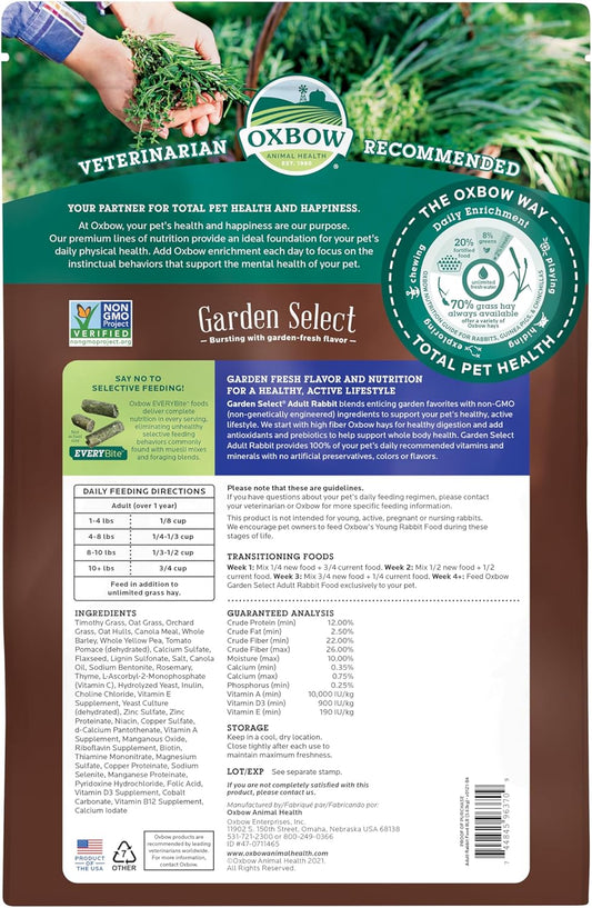 Oxbow Garden Select Rabbit Food, Adult, Made Timothy Hay for Rabbit, Bunny Food Pellets, Non-GMO, No Soy or Wheat, Small Animal Pet Products, Made in USA, High Fiber, 8 lb. Bag