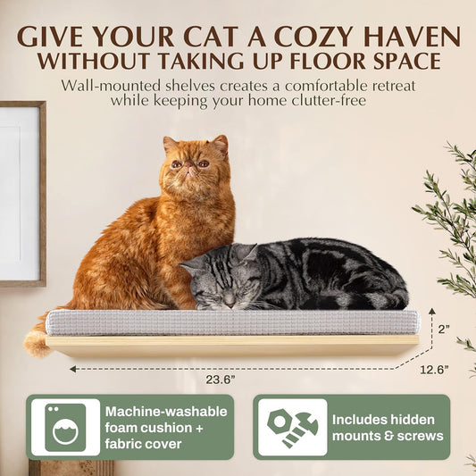 Extra Large 23.6βx12.6β CALLICO HAVEN- Stylish Cat Wall Shelves with Cushion, Modern Wall-Mounted Cat Tree Furniture, Window Cat Shelf & Perch, Sturdy/Hidden Mounts, Washable Cover - Flat Shape