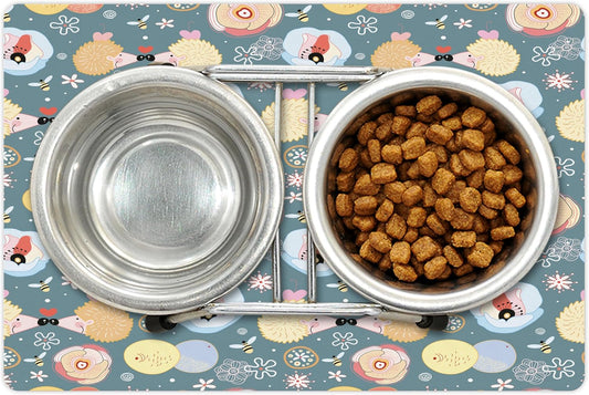 Lunarable Animal Pet Mat for Food and Water, Hedgehogs Kissing Hearts Love Bees Flowers Cheerful Happy Art Image, Non-Slip Rubber Mat for Dogs and Cats, 18" X 12", Multicolor