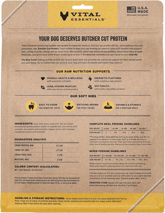 Vital Essentials Freeze-Dried Raw Duck Meal or Mixer Dog Food Soft Nibs | 99% Duck, Organs & Bone | 14 oz