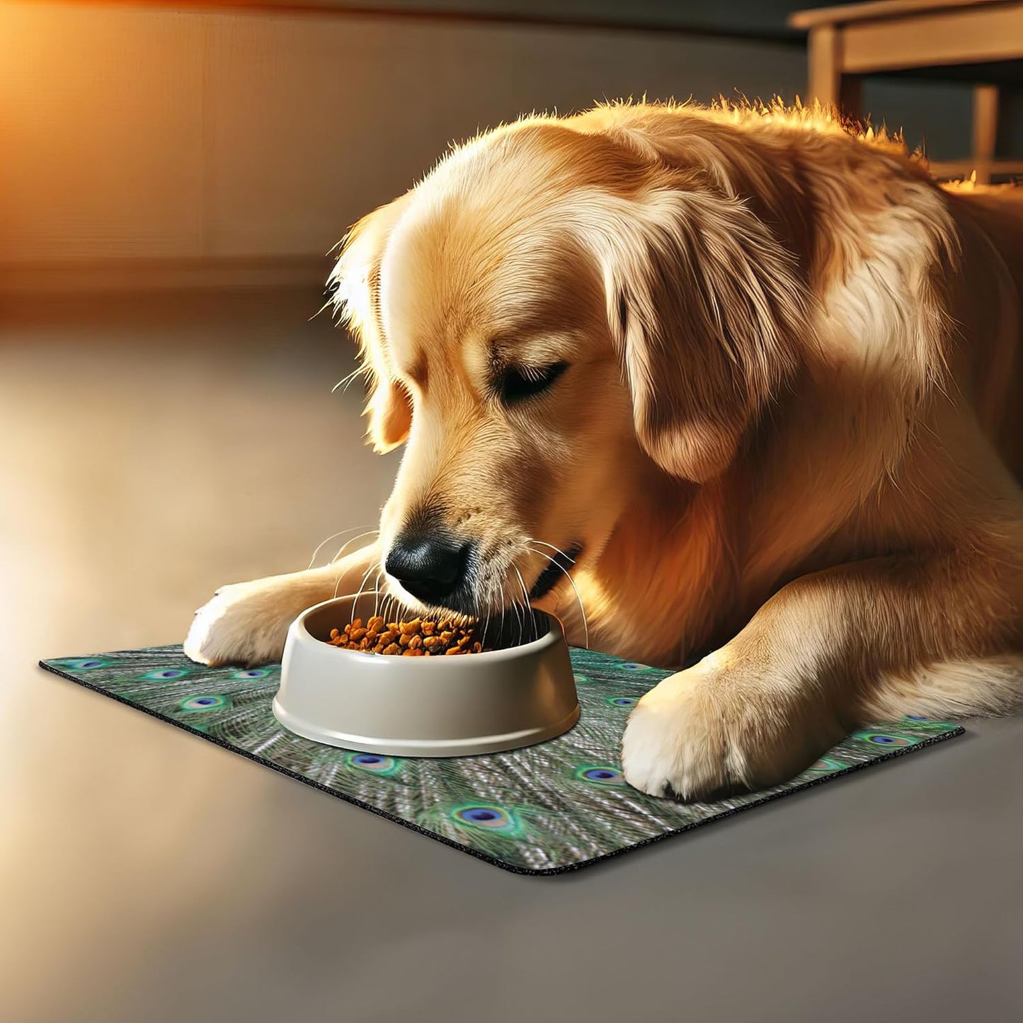 Lunarable Peacock Pet Mat for Food and Water, Peacock Displaying Elongated Majestic Feathers Open Wings Picture, Non-Slip Rubber Mat for Dogs and Cats, 18" X 12", Brown Navy