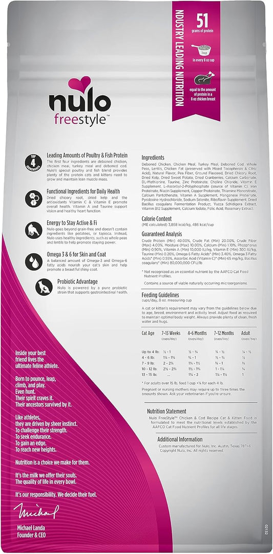 Nulo Freestyle High Protein Cat & Kitten Food, Chicken & Cod Recipe - Natural Grain-Free Dry Cat Food with Omega Fatty Acids & Probiotics, 2 lb Bag