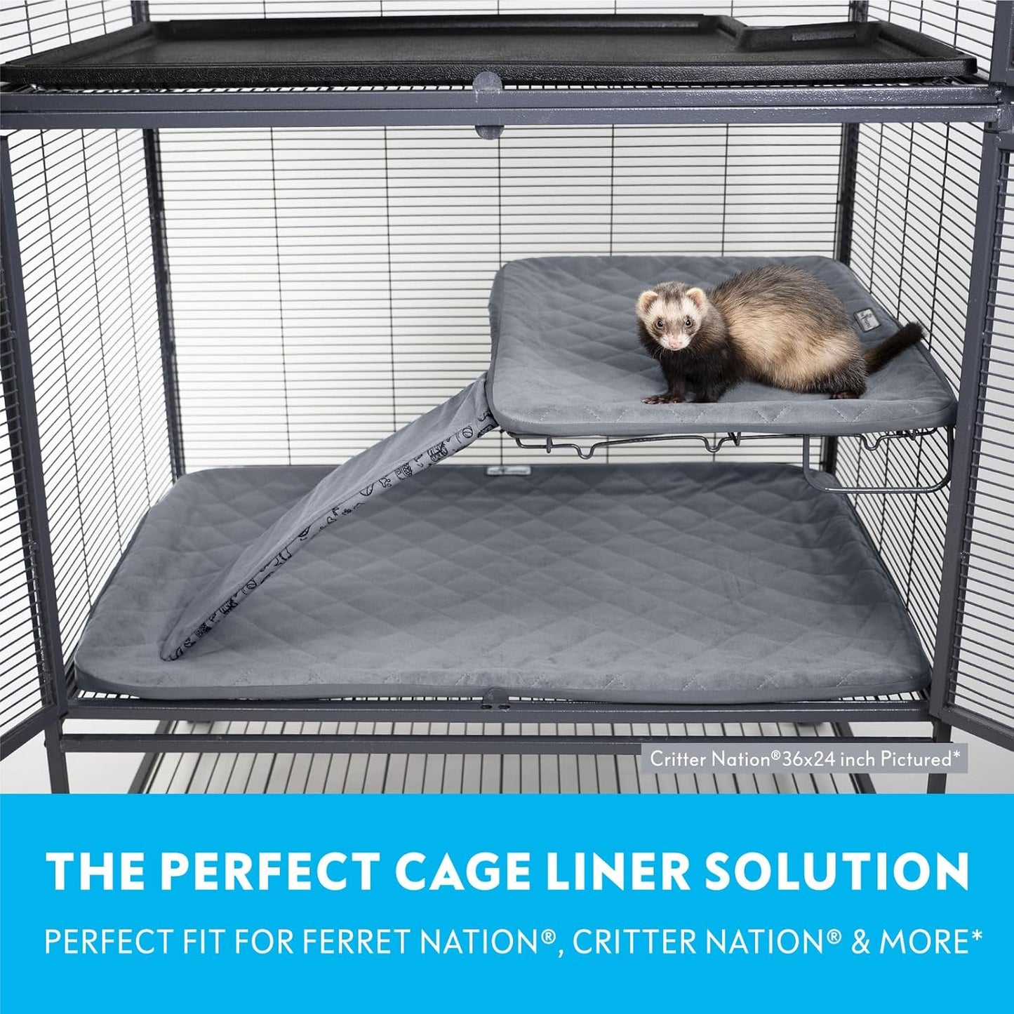 Paw Inspired Fitted Fleece Cage Liner Set for Ferret Nation, Critter Nation Single Unit (Bottom Pan Liner, Ramp Cover, Shelf Liner) for Ferrets, Rats, Chinchillas, Hedgehogs, Small Animals (Gray)