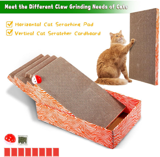 Cat Scrather Box with 4 pcs Large Scratching Cardboard and Toy Ball, Catnip, 4 in 1 Large Refillable & Reversible Cat Scratcher Pad, Cardboard Cat Bed for Big Medium Small Lazy Kitty