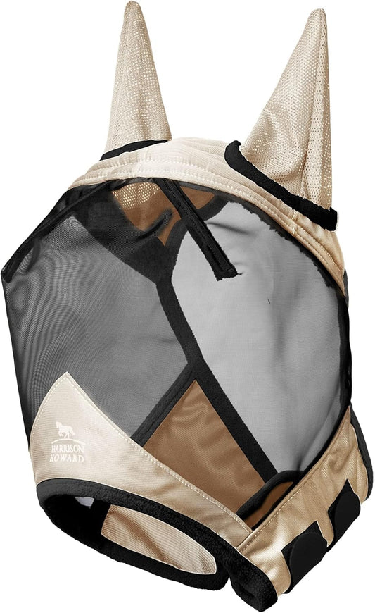 Harrison Howard Pro Luminous Horse Fly Mask Standard with Ears UV Protection for Horse Light Champagne Large Full Size