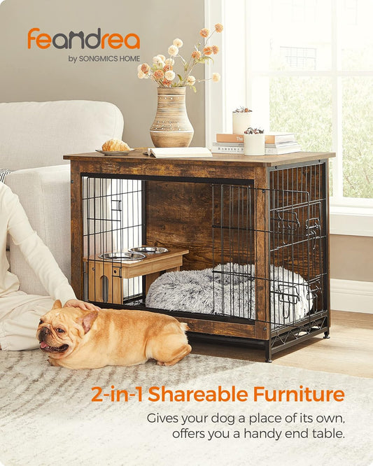Feandrea Dog Crate Furniture, 32.5" Side End Table, Modern Kennel for Dogs Indoor up to 45 lb, Heavy-Duty Dog Cage with Multi-Purpose Removable Tray, Double-Door Dog House, Rustic Brown UPFC002X01