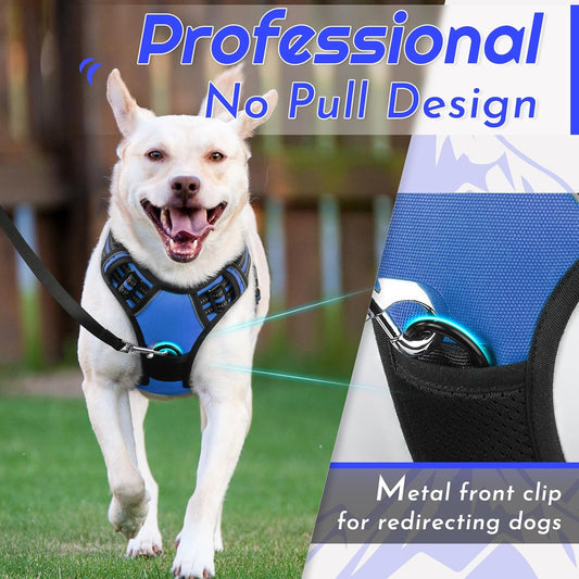 Eagloo Dog Harness for Large Dogs, No Pull Service Vest with Reflective Strips and Control Handle, Adjustable and Comfortable for Walking, No Choke Pet Harness with 2 Metal Rings, Blue, XL