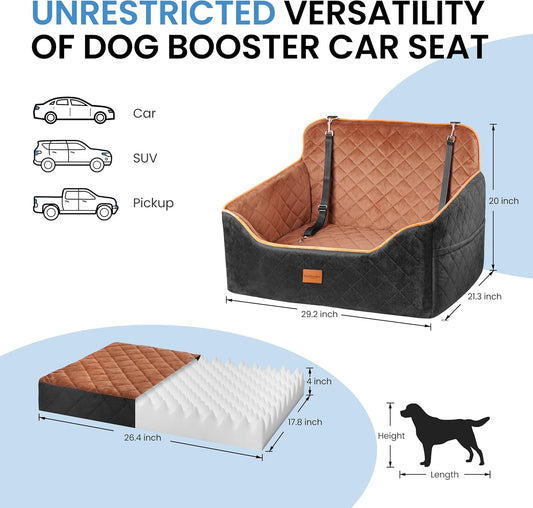 Dog Car Seat for Medium Dogs - Pet Car Seat with 2 Safety Straps & Waterproof Padding, Portable Pet Carrier for Cars, Trucks & SUVs, Comfortable Booster Bed for Pets Up to 55lbs (Black/Coffee)