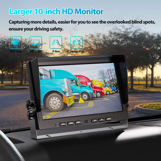 Fookoo β
‘ HD Wired Backup Camera System Kit,10 inch Dual Split Screen Monitor with Recording IP69 Waterproof Front View Rear View Cameras Parking Lines for Truck/Semi-Trailer/Box Truck/RV(DY102)