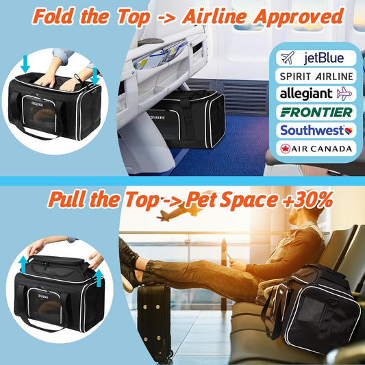 Petskd Top-Expandable Pet Carrier 17x12x8.5 Inches JetBlue Allegiant Spirit Airline Approved, Soft-Sided Carrier for Small Cats and Dogs with Locking Safety Zippers and Anti-Scratch Mesh(Black)