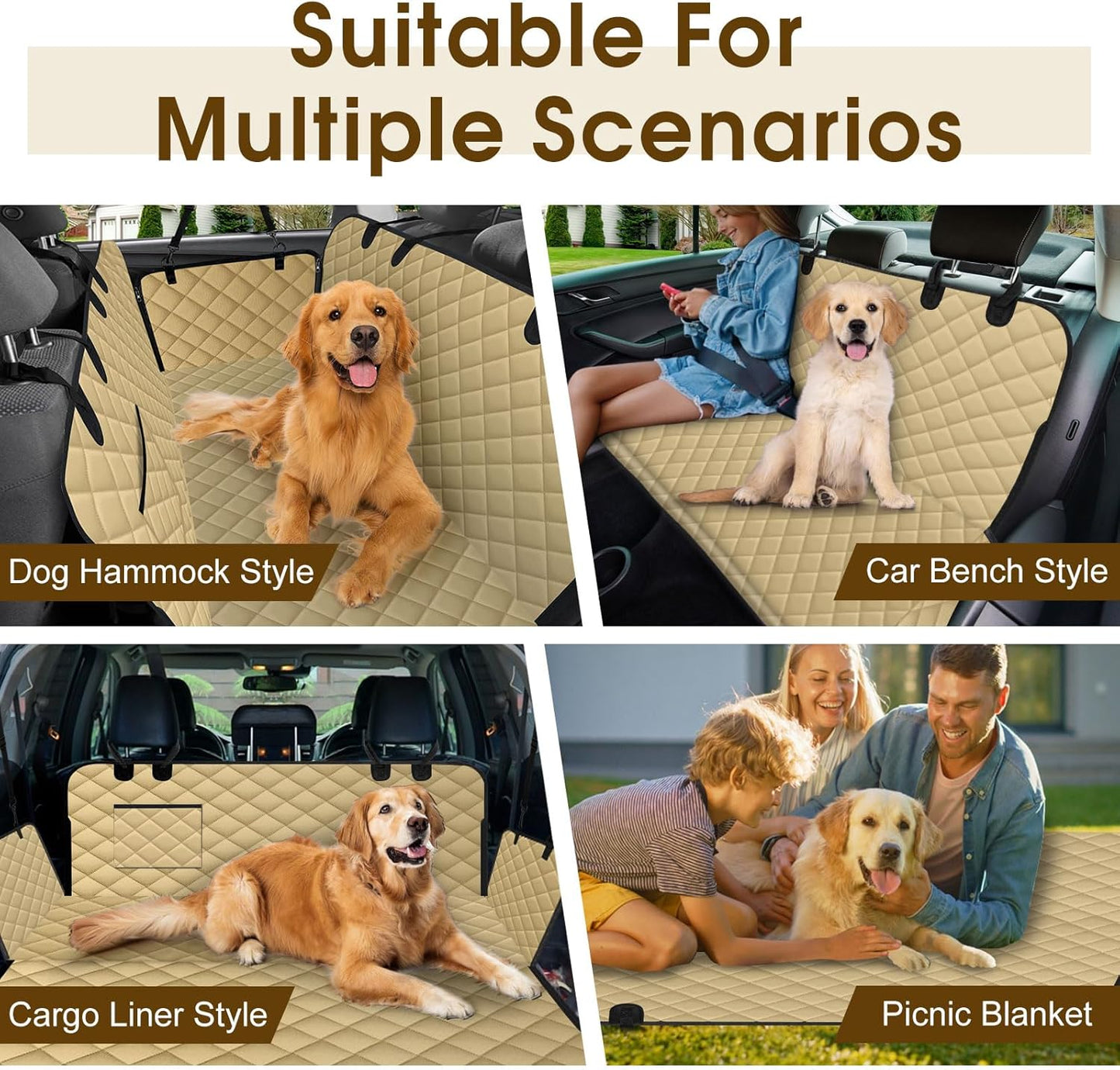 Waterproof Dog Car Seat Cover for Back Seat - Durable, Scratch Proof Pet Hammock with Nonslip Design & Storage Pockets, Fits Cars, SUVs, Trucks - L, Khaki/Black