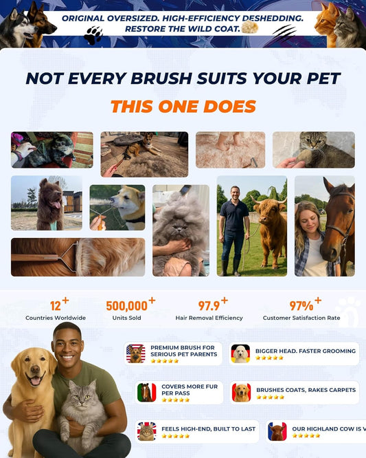 Large Dual-Sided Dogs and Cats Brush for Shedding, Unique Blade Designed Deshedding Dog Brush for Long & Short Haired Dogs, Safe&Pro Shedding Tools, Undercoat Rake for All Coats, Premium Walnut Handle