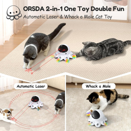 ORSDA Cat Laser Toy, 2-in-1 Interactive Automatic Motion Activated Moving 8 Holes Whack A Mole Feather, USB Rechargeable Electronic Smart Sensor Kitten Toys for Indoor Exercise