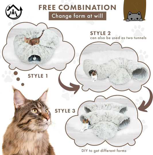 Large Cat Tunnel Bed for Indoor Cats Warm Fluffy Plush Cat Cave Tunnel Bed Collapsible, Washable, 3 Way and Multifunctional with Dangling Balls for Cats, Kittens and Rabbits- Brown