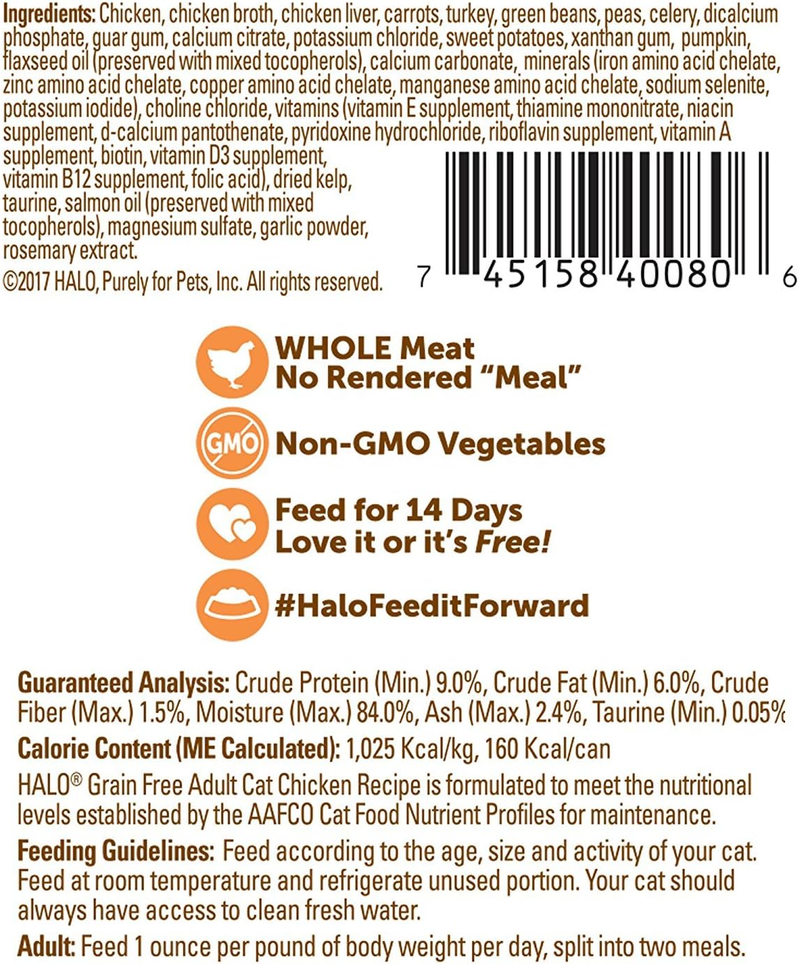 Halo Wet Cat Food Whole Chicken Recipe, Grain Free Wet Cat Pate, Canned Cat Food for Extra Hydration, 5.5 Oz Can (Pack of 12)
