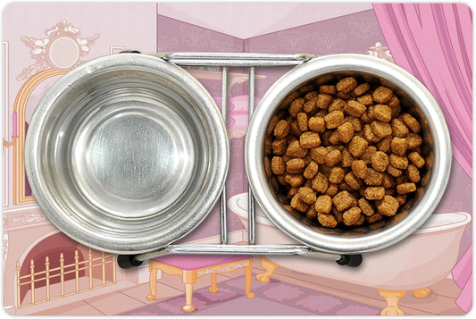 Lunarable Feminine Pet Mat for Food and Water, Design in The Palace of The Cartoon Bathtub Cabinet Mirror Washroom, Non-Slip Rubber Mat for Dogs and Cats, 18" X 12", Beige Pink