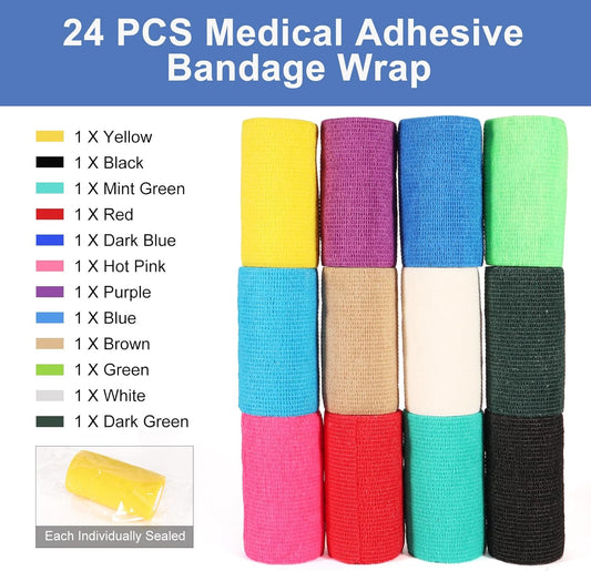 LDIWEE 24 Pack Self Adhesive Bandage Wrap 4 inch, Elastic Cohesive Bandage Wrap Vet Wrap for Dogs, Grip Tape for Athletic, Sports, First Aid Medical, Wrist, Ankle Sprains, Swelling