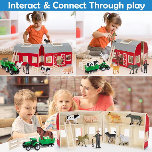 YEEBAY Farm Animals Toys for 3+ Year Old Kids Toddlers Girls Boys, Large Wooden Barn with Animal Play Figures, Farm Playset Educational Learning Toys, Ideal Christmas Birthday Gifts