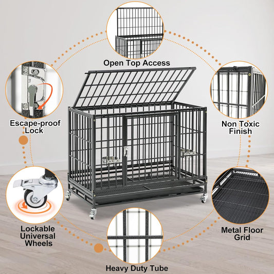 Homey Pet 37 Inch Heavy Duty Dog Crate for Medium Dogs, Stackable Dog Cage with Four Lockable Wheels, Removable Tray & Grid, Open Top, Escape Proof Dog Kennel Indoor