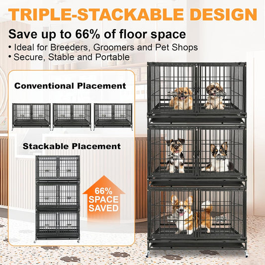 Homey Pet 4 Pack Three Tiers 43 inch Dog Crate with Wheels, Stackable Heavy Duty Indestructible Steel Dog Cage Kennel Indoor with Detachable Divider, Tray, Bowls, Escape Proof Locks