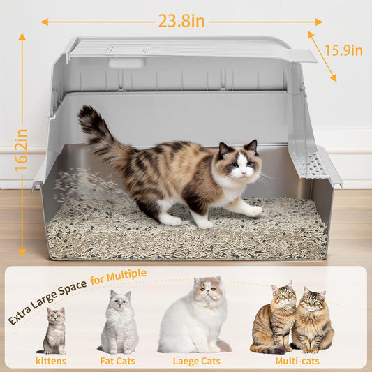 Stainless Steel Litter Box with Lid, XL Extra Large Cat Litter Box, Enclosed Metal Litter Pan with High Sided Enclosure & Scoop, Anti Leakage, Easy to Clean, Odor Control (White)