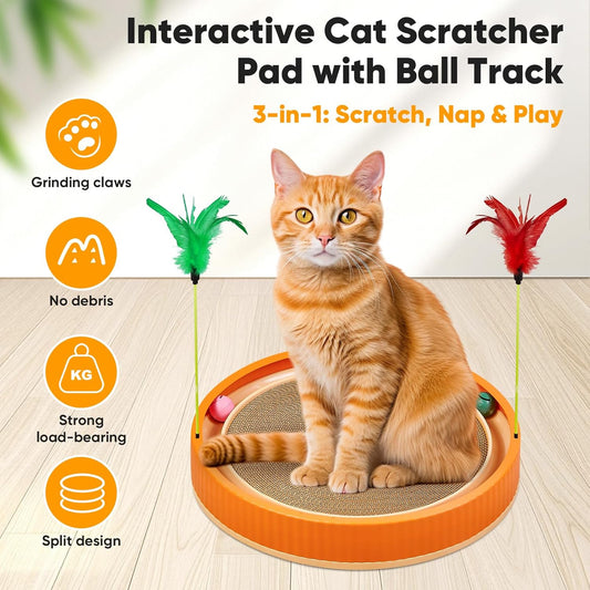 20-Inch Round Cat Scratcher with Ball Track β 3-in-1 Cardboard Cat Scratching Pad with Feather Toys, Non-Slip Base β Interactive Cat Toy for Indoor Cats, Kitten Scratch Play Lounge Board (Orange)