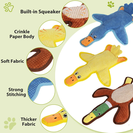 Dog Toys 3-Pack Cute Duck Shapes Puppy Toys No-Stuffing Squeaky and Crinkle Interactive Dog Chew Toy for Small to Large Breeds