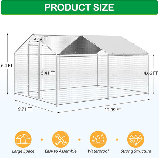 Large Metal Chicken Coop, Walk-in Chicken Run Pen with Waterproof Cover, Spire Roof Poultry Cage Run for Outdoors, Backyard, Farm(9.7'Wx12.99'Lx6.4'H)