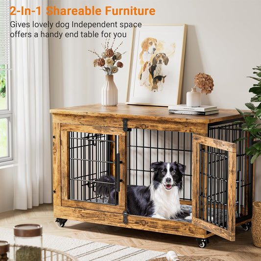 Lulive Dog Crate Furniture Set of 2, Dog Kennel Indoor Double Doors Wooden Dog Cage, 38'' Heavy Duty Dog Crate with Cushion & Wheels, End Table Pet House Chew-Resistant Up to 70 lb, Rustic Brown