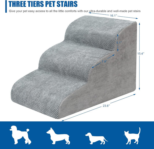 Dog Stairs for Small Dogs - High Density Foam Dog Ramp, Extra Wide Pet Steps with Non-Slip Bottom for High Beds, Couche and Sofa, Best for Dogs Injured, Older Doggy Cats (Grey, 3 Steps)