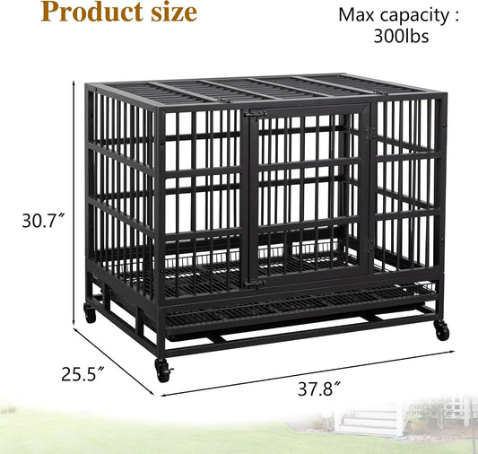 JY QAQA 38 Inch Heavy Duty Indestructible Dog Crate Double Doors Escape Proof Cage Kennel,Enhanced Metal Pet Cage,Extra Large XL XXL Crate Indoor for Large Dog with Removable Tray and Lockable Wheels