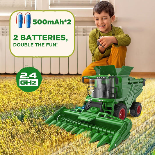 Remote Control Combine Harvester Tractor Toy with Corn Head, RC Tractor Toys for Kids 3+, Light/Spray/Sound/1/24 Scale, Farm Toy Combine Harvester for Kids, Christmas Birthday Gift 2025