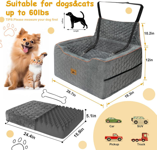 Dog Car Seat for Medium/Large Dog Booster Seat Under 60 lbs or 2 Small Dogs, Multi-Functional Pet Car Seat with Thick Cushion, 2 Safety Leashes (Gray)