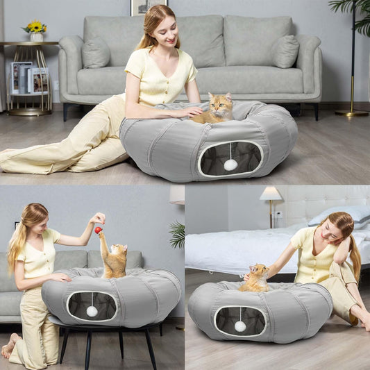 AUOON Cat Play Tunnel - Round Cat Tunnel with Bed | Interactive Cat Toys for Indoor Cats Kitten Kitty Puppy Rabbit Ferret (Light Grey)