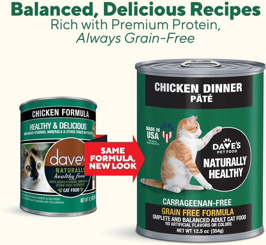 Dave's Pet Food Grain Free Wet Canned Cat Food Pate(Chicken), Made in USA Naturally Healthy, Wheat & Gluten-Free, 12.5 oz Cans (12 Pack)