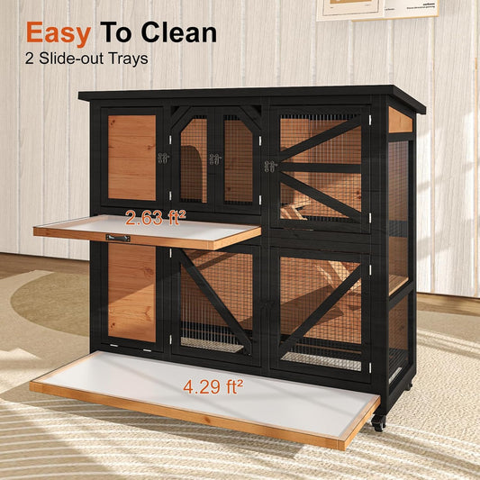 47.3" Two Story Rabbit Cage Bunny Cage Indoor, Wooden Rabbit Hutch Hamster Cages for Small Animals, Outdoor Guinea Pig Cages with Wheels & 2 Removable Trays & Bottom Wire Mesh