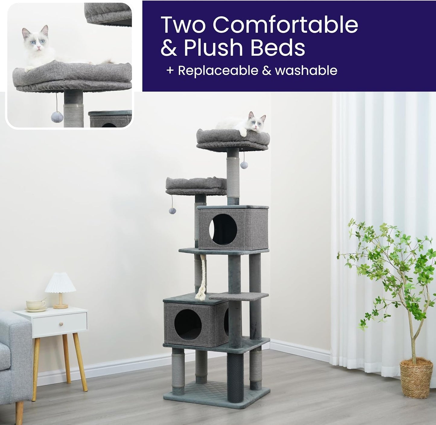 Catry® Stella 7-Level 67.5” Linen & Quilted Velvet Cat Tree with Recycled Paper Scratchers, Two Condos, Removable Beds, Toys, Easy to Clean, Ideal for Large Cats and Multi-Cat Homes (Zinc Gray)