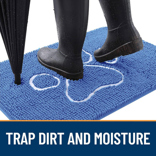 OLANLY Door Mat for Muddy Dog Paws 30x20, Absorbent Chenille Mud Doormat with Paw Print Design, Non-Slip Washable Doormat for Indoor Entryway, Quick-Dry Pet Bed Mats for Dirty Dogs, Cornflower Blue