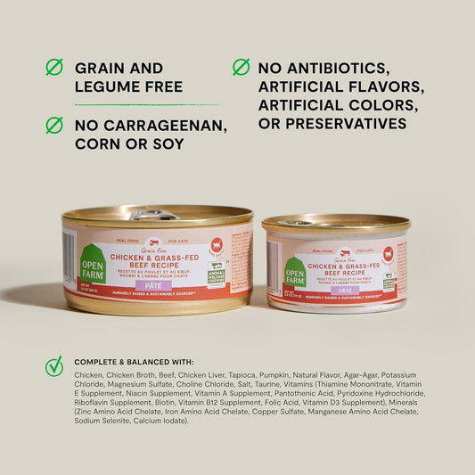 Open Farm Canned Cat Food, Paté for Complete & Balanced Nutrition, Grain-Free and Legume-Free Wet Cat Food, Chicken & Beef Recipe, 2.8oz Cans (Case of 18)