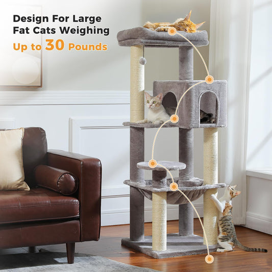 Large Cat Tree with Reinforced Scratching Posts (Ο3.1in) for Big Adult Cats 30 lbs, 57.8" Heavy Duty Cat Tower with Larger Hammock and Condo, Cat Furniture for Maine Coon, Plush,Grey