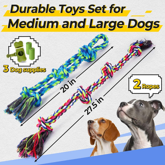 Heavy Duty Dog Rope Toys for Aggressive Chewers, Tough Tug of War Dog Toys for Large, Medium & Small Dogs β 5 Pack Including 2 Ropes & 3 Supplies